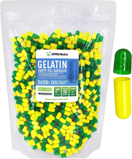 [BRSWYZLRDMCQG3DK] XPRS Nutra Size 00 Empty Capsules - 1000 Count Empty Gelatin Capsules - Pills DIY Capsule Filling - Fillable Pill Gel Caps for Do-It-Yourself Supplements (Green/Yellow)