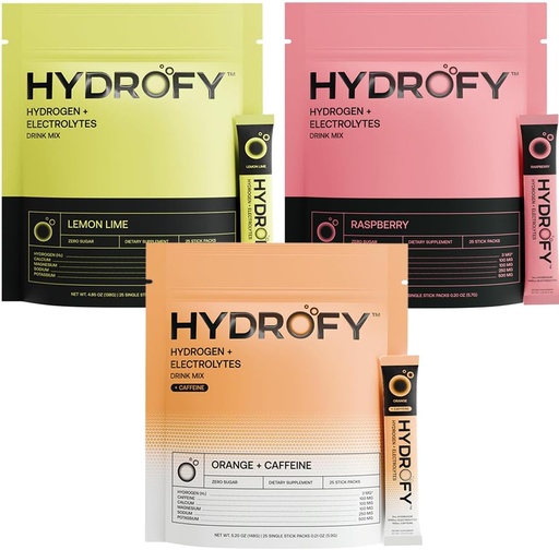[BRSRACQNCR4GKELL] Hydrogen + Electrolytes Drink Mix Raspberry, Orange + Caffeine, and Lemon Lime Bundle 75 Servings | Superior Hydration Packets with Molecular Hydrogen (H2), Sodium, Potassium, Magnesium, and Calcium