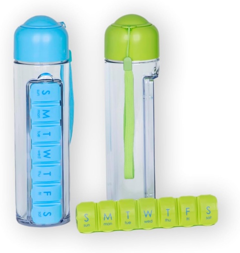 [BRSROFIYDEMRYH3O] Water Bottle and Pill Organizer - 400ml Travel Water Bottle with 7 Day Weekly Pill Case - Medicine Planner Vitamin Holder with Free Cleaning Brush. Perfect for Sports and Travel (Blue)