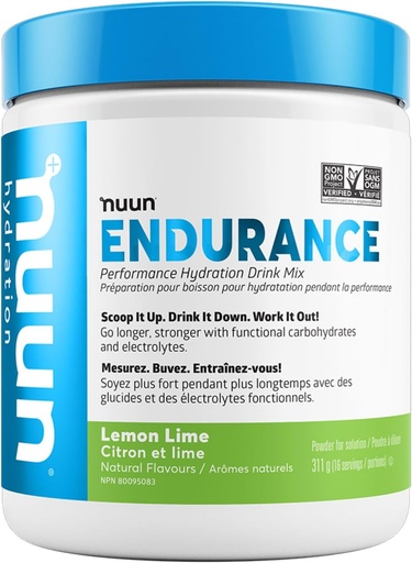 [BRSWGCYHDJ6GOAL4] Nuun Hydration Endurance Powder, Lemon Lime, Wsparcie treningowe, 5 Esencjalne elektrolity do hydrolizy + Węglowodany, Wegan, Non-GMO, (16 Słupki - Pojemnik)