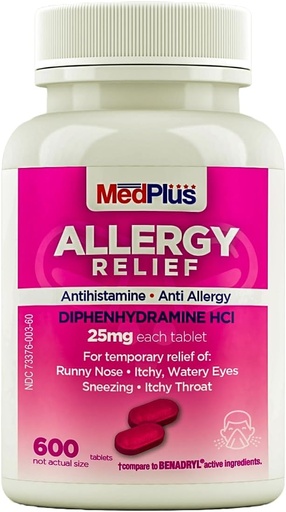 [BRSROBQ3DNYW2E3O] MedPlus Allergy Relief Medicine, 25 mg, 600 Tablets | Diphenhydramine Hcl | Antihistamine | Relief for Indoor & Outdoor Allergies, Pink