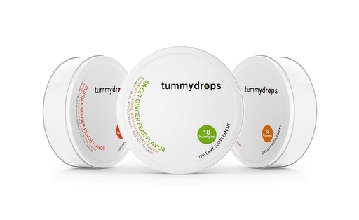 [BRSWYYI2C57AAFY3] Tummydrops Organic Ginger Goodness Pack (1 tin each Spicy Ginger, Sweet Ginger Pear, & Double Ginger Peach). Gluten Free & Vegan. 54 Individually Wrapped Organic Ginger Lozenges.