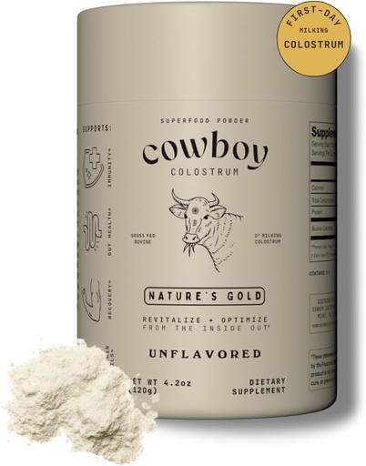 [BRSRAZT6CUBBU3DZ] COWBOY COLOSTRUM Powder - Bovine Colostrum Powder for Women & Men - First Day Milking Whole Colostrum - Grass Fed Colostrum Supplement for Gut Health, Immunity, Skin & Hair (Unflavored, 40 Servings)