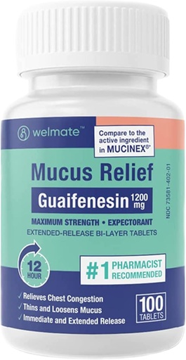 [BRSW2CQZA4CAAGY3] WELMATE - Soulagement du mucus - Guaïfènesin 1200 mg Résistance maximale - Soulagement prolongé - Comprimés expectorants - Aide à éliminer la congestion thoracique et le mucus losen - Soulagement de 12 heures - 100 Nombre
