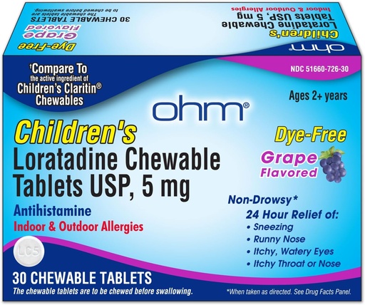[BRSRAHD7CR7RO3T4] Ом Діти Лоратадин Алергія Chewable Tablets - Dye Free, Grape Flavor, Non-Drowsy 24 Година Relief, Антигістамін для внутрішніх і зовнішніх алергій - 30 таблеток