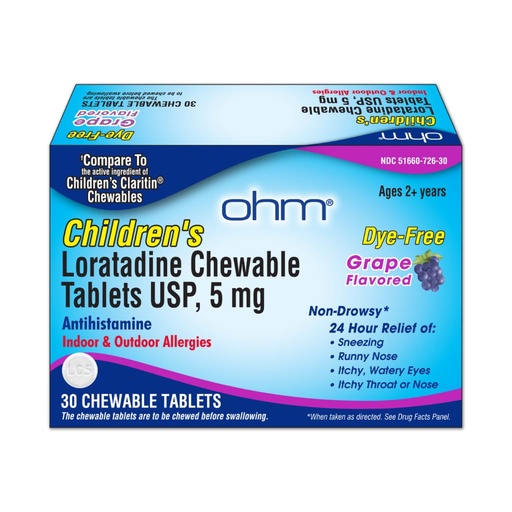 [BRSRAHD7CR7RO3T4] Ohm Children's Allergy Medicine, Loratadine 5mg, Chewable Tablets (30 Count) Grape Flavor, Non-Drowsy Antihistamine, 24-Hour Allergy Relief for Runny Nose, Watery Eyes, Itchy Throat & Nose