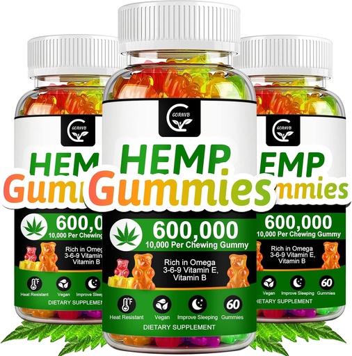 [BRSW2GAHBB6QAF3J] (3 Pack) High Potency Hemp Gummies 600,000 Extra Strength - Stress, Sleep, Mood, Calming, Focus, Relaxation Supplements, 100% Natural Hemp Oil Extract Infused Gummies, Vegan, Non-GMO, Gluten-Free