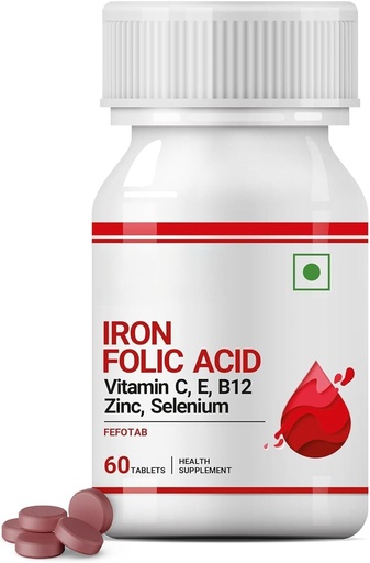 [BRSROAYQAACRQD3K] Iron Folic Acid Supplement with Vitamin C, E, B12, Zinc & Selenium for Men Women - 60 Tablets