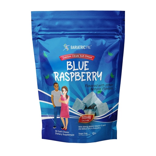 [BRSRMAA5AR4GA3TV] BariatricPal Sugar-Free Calcium Citrate Soft Chews | 500mg with Vitamin D & Probiotics | Blue Raspberry | 90 Count (1 Month Supply)