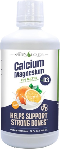 [BRSRAEAZOQFQI23A] Nature's Liquids - Calcium Magnesium Supplement Liquid (2:1 Ratio) - with D3, Boron, Manganese for Optimal Absorption - for Strong Bones and Teeth - Orange Vanilla Flavor - (32oz - 32 Servings)
