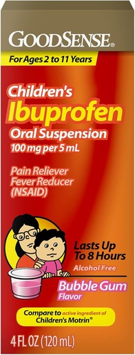 [BRSWIEI6CMBRA3I5] GoodSense Children's Ibuprofen Oral Suspension, 100 mg per 5 mL, Pain Reliever & Fever Reducer, Bubble Gum Flavor