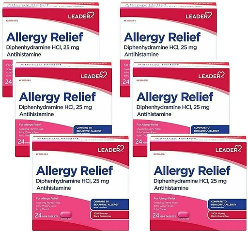 [BRSWGAABPMDQAYDU] Leader Antihistamine Allergy Relief Diphenhydramine HCl, 25mg Mini Tablets, 24 Count Pack of 6