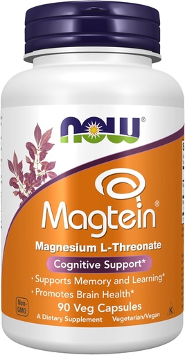 [BRSWIGAMDEMBKH3K] NOW Foods Supplements, Magtein™ with patented form of Magnesium (Mg), Cognitive Support*, 90 Veg Capsules