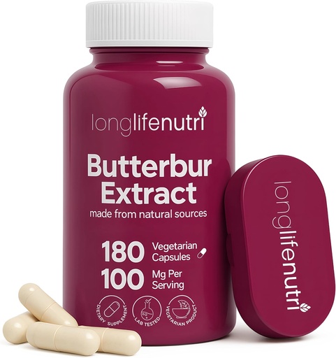 [BRSWGAD7CJYRMDT4] LongLifeNutri Butterbur Extract 100mg - Petasites Hybridus Root Extract, 180 Vegetarian Capsules, 6 Month Supply, Organic Supplement for Head Comfort & Neural Calm, GMP Certified, Made in USA
