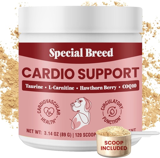 [BRSRA2T3BF7WM2TH] Special Breed Cardio Support for Dogs - Heart Health Support with Taurine, CoQ10, Organic Hawthorne Berry, Powder Supplement, 120 Scoops, 3.14 oz