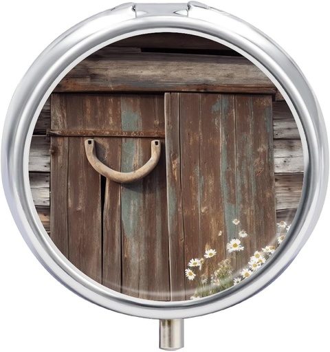 [BRSRAAT2O4DWEE3O] Round Metal Pill Box,Rustic Horseshoe Barn Wooden Printed Travel Pill Organizer Portable Pill Container Small Pill Box for Purse and Pocket for Storing Vitamins, Medicines and Supplements