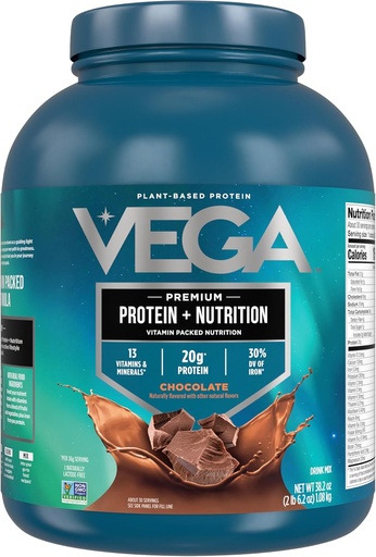 [BRSWGGD7DIAQMFD4] Vega Protein + Nutrition - 20g Białko grochu na bazie plantacji, Czekolada, 30 Słupki, Wegan Keto Superfood, Antyoksydant- Rich, Gluten Free, Wolny od mleka, Niskie węglowodory, 2.4lbs (Packaging May Vary)