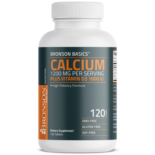 [BRSRAFIEBUPAGALA] Bronson Calcium 1200mg Per Serving Plus Vitamin D3 1000 IU High Potency Formula, Non-GMO, 120 Tablets