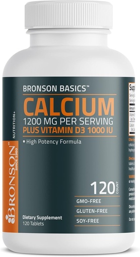 [BRSRAFIEBUPAGALA] Bronson Kalsium 1200mg Per servering Plus vitamin D3 1000 IE høy potens formel, ikke-GMO, 120 tabletter