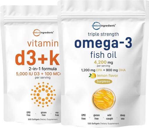 [BRSRAGANBUPWEELP] Micro Ingredients Vitamin D3 5,000iu + K2 100mcg Softgels & Omega-3 Fish Oil 120 Softgels Bundle 2 Pack | Essential Sunshine Vitamins | Wild-Caught Fish, Lemon Flavored, Burpless