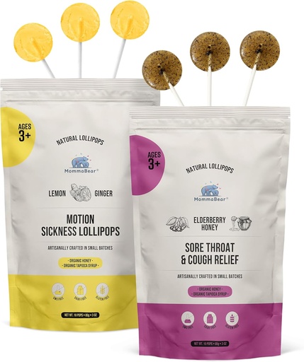 [BRSROEI6PN7QGH32] MommaBear Organic All Natural Motion Sickness and Throat Relief Lollipops Get Well Soon Pack | Throat Soothing & Nausea Calming Honey Lollipops for Adults, Pregnant Women & Kids 3+ | Pack of 2 Bundle