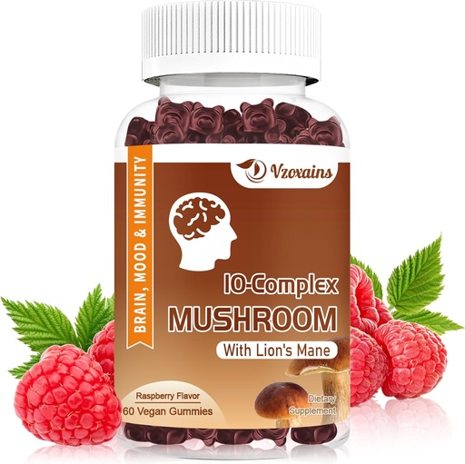 [BRSRO2YFAQCBMEY6] Sugar Free Mushroom Gummies, Mushroom Gummies with Lion's Mane - Focus Energy Immune Support-Raspberry Flavor 60ct