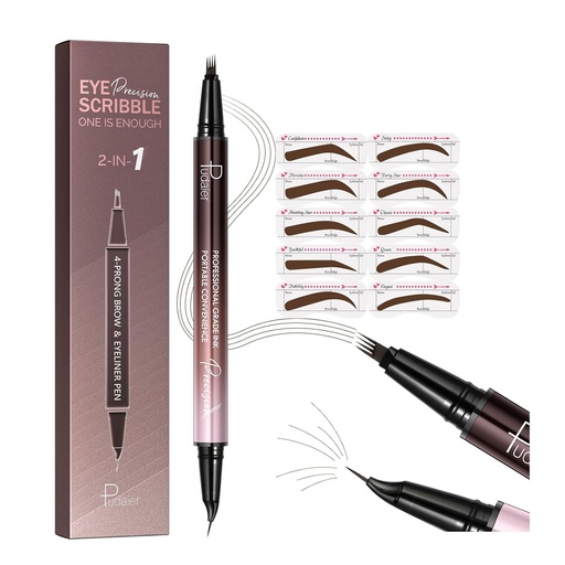 [BRSRAAI7BYIRYYL2] 2-in-1 Curved Eyebrow Pen and Eyeliner with 10Pcs Brow Stencils, Microblading Eyebrow Pencil with 4 Fork-Tip and Curved Precise Tip, Waterproof and Long Lasting Eyebrow Pencils for Women, Dark Brown