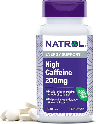 [BRSWIYQGCMPWK2AV] Natrol High Caffeine 200 mg na postrežbo, energijska podpora dodatek za odrasle, 100 tablet, 100 dnevna dobava