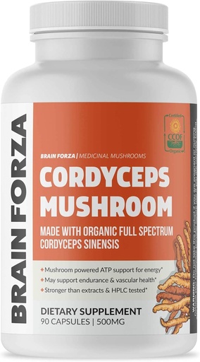 [BRSWKYIDA4GBQH3C] Brain Forza Organic Cordyceps Capsules - Cordyceps Sinensis Mushroom Low-Oxygen Grown in The USA, Non-GMO, Vegan, Organic, 90 Capsules