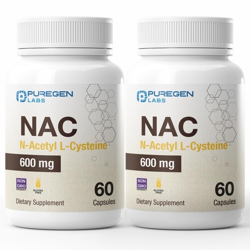 [BRSRAZQOB4FAID3G] Puregen Labs N-Acetyl-L-Cysteine (NAC) 600mg, NAC 600 mg, Potent antioxidant Support, Free-radicals, Easy to Absorb - Total 120 Vegetarian Capsules