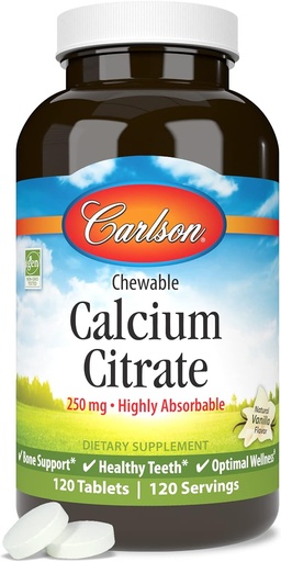 [BRSWECQ2BB4AICTL] Carlson - Chewable Calcium Citrate, 250 mg, Absorbable, Hezurren euskarria, Hortz Osasuntsuak eta Ongizate Optimala, Natural Vanilla Flavor, 120 Tablet