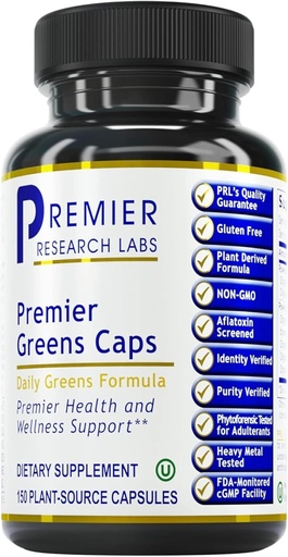 [BRSWIZQMBMOGA33G] Premier Research Labs Capsules Greens - Capsules Super Greens, Suppléments Greens, Pills Super Greens pour le bien-être, Pills Veggie avec Verts Leafy, Kale, Chlorella - 150 Capsules Végétariennes