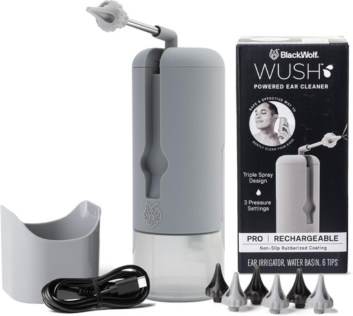 [BRSROGQHOV7AM3TU] Wush Pro by Black Wolf - The Original Deluxe Water Powered Ear Cleaner with 6 Reusable Replacement Tips by Black Wolf - Safe & Effective for Ear Wax Buildup - Electric Ear Wax Removal Kit (Grey)