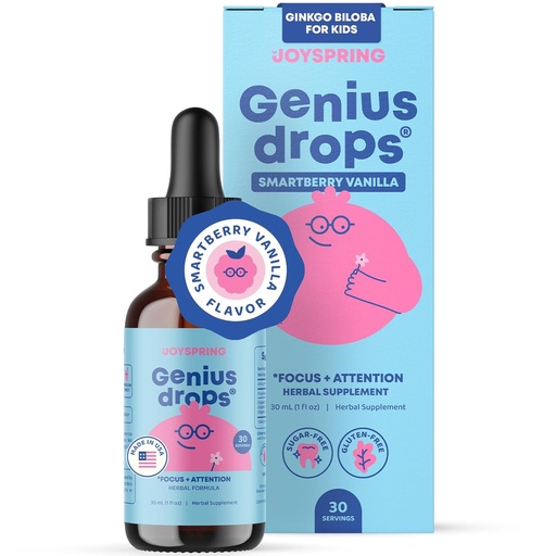 [BRSRAYYQCECBUETL] JoySpring Genius Drops Smartberry Vanilla | Herbal Focus Support for Kids with Ginkgo Biloba, Licorice Root, Gotu Kola Extract, Peppermint Leaf | Liquid Formula|1fl oz (30 Servings)