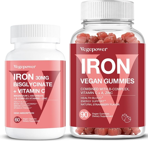 [BRSRAFIOOYHAI3Q7] Vegan Iron Gummies Strawberry Plus Iron Bisglycinate 30MG | Vegan Iron Supplement Support for Blood Healthy & Daily Energy for Adults & Kids - 90 Count+60 Count