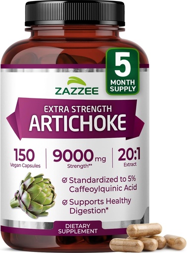 [BRSROEATBMFQYGY4] Zazzee Extra Strength Artichoke 20:1 Extract, 9000 mg Strength, 5% Caffeoylquinic Acid, 150 Vegan Capsules, 5 Month Supply, Concentrated and Standardized 20X Extract, Non-GMO and All-Natural