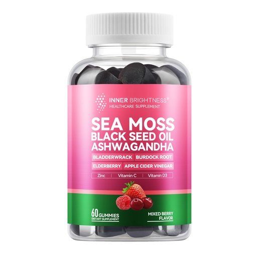 [BRSRE232CAJQ22DA] Inner Brightness Sea Moss 4000mg Gummies with Ashwagandha, Elderberry, Apple Cider Vinegar, Bladderwrack, Burdock Root – Immune Support – Mixed Berry Flavor – 60 Count