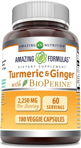 [BRSROZLQAB6RO2D2] Amazing Formulas Turmeric Curcumin & Ginger with BioPerine 2250 mg Per Serving Veggie Capsules | Non-GMO | Gluten Free | Made in USA | Ideal for Vegetarians (180 Count)