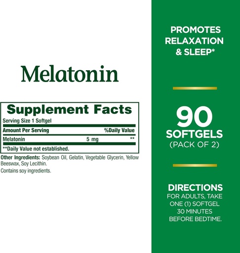 [BRSRAY3RO4PRYHQ7] Bounty Melatonin, 100% Drug Free Sleep Aid, Dietary Supplement, Promotes Relaxation and Sleep Health, 5mg, 90 Softgels (Pack of 2)