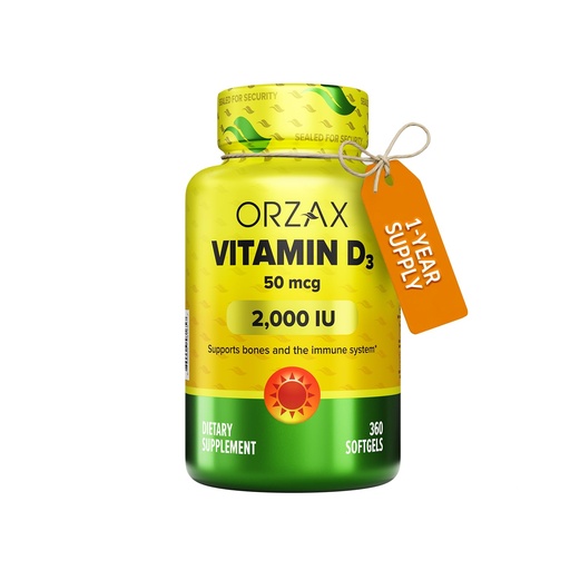 [BRSW2GIKOUFGAC3H] ORZAX Vitamin D3 2000 IU (50 mcg) – Immune Support & Bone Health Softgels, Non-GMO, Gluten Free, Sugar Free – Mood & Muscle Wellness Supplement – 1 Year Supply, 360 Softgels