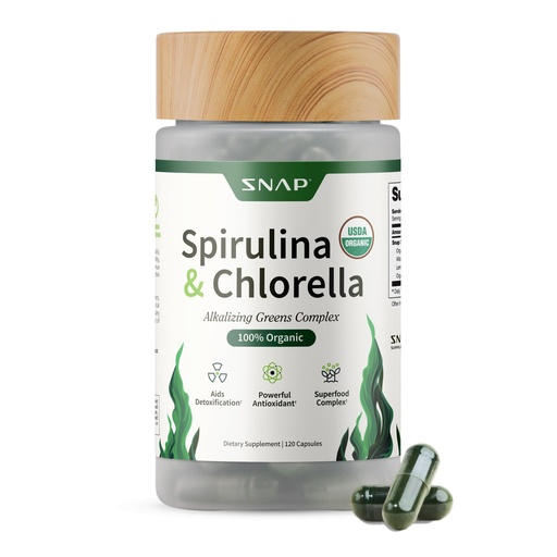 [BRSRM2QPOICQKD35] Snap Supplements Organic Spirulina and Chlorella - Protein Rich Blue Green Algae Superfood Supplement for Energy and Immune Support, 120 Vegetarian Capsules (30 Servings, 1 Month Supply)