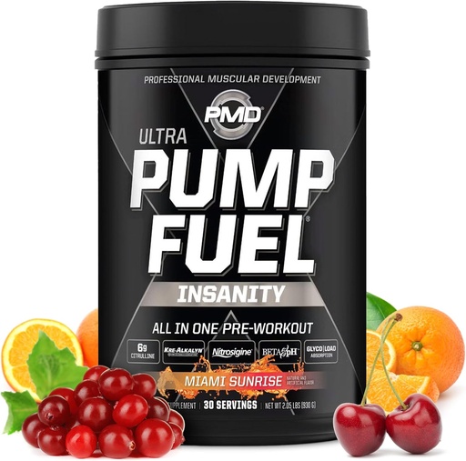[BRSWYHD2CUORU3IZ] PMD Sports Pump Fuel Ultra Insanity - Premium Pre Workout Powder &amp; Muscle Pump, Greater Focus, Endurance & Recovery, Premium Creatine, Arginine & Beta Alanine - Miami Sunrise (30 Servings)
