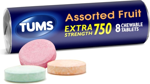 [BRSWI2YLBFYRUAD4] TUMS Extra Strength Tablets Antacid para Chewable Heartburn Relief e Acid Indigestion Relief, Assorted Fruit Flavors - 8 Count Roll