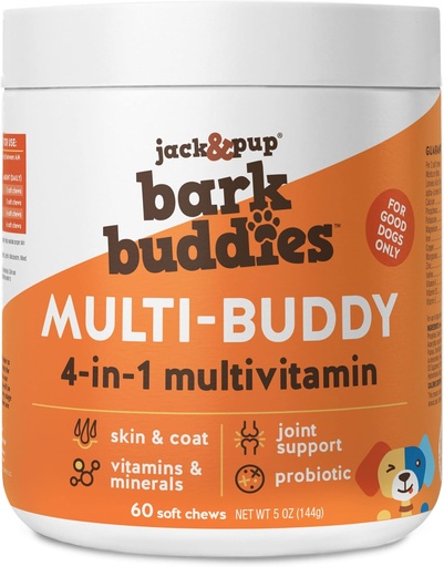 [BRSW2YLQAENB62TJ] Jack & Pup Dog Vitaminas e Suplementos Multivitamins para cães - Bark Buddies Multi-Buddy Dog Multivitamins mastigável macio mastiga filhotes vitaminas e suplementos - (60ct)