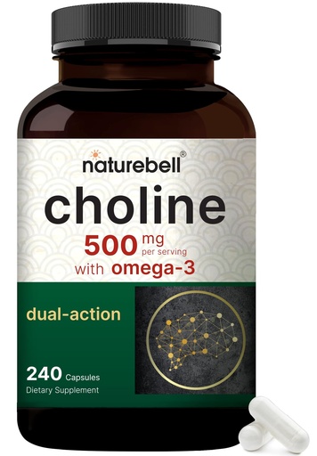 [BRSRA2T4CV7QY2TK] NatureBell Choline 500 mg with Omega-3 Fatty Acids, 240 Capsules | Extra Strength 2-in-1 Choline Bitartrate Formula | Non-GMO