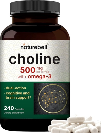 [BRSRA2T4CV7QY2TK] NatureBell Choline Supplements 500mg with Omega-3 Fatty Acids, 240 cápsulas peru High Potency Choline Bitartrate – Prenatal Support During Pregnancy – Promotes Energy, Liver, Brain, " Cognitive Health