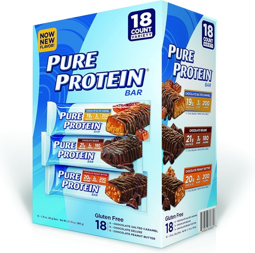 [BRSWGZT2CV5BQETA] Pure Protein Bar, Chocolate Peanut Butter/ Salted Caramel/Chocolate Deluxe, 18 count