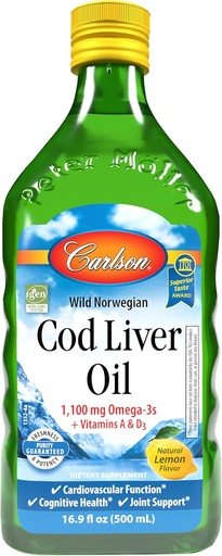 [BRSWIYILOAMWACLC] Carlson - Cod Liver Oil 1100 mg Omega-3s Plus Vitaminas A &amp; D3, Wild Caught Norwegian Arctic, Sustentablemente Fuented Nordic Fish Oil Liquid, Lemon, 500 mL (16.9 Fl Oz)