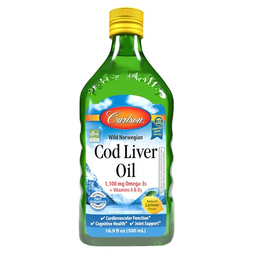 [BRSWIYILOAMWACLC] Carlson - Cod Liver Oil 1100 mg Omega-3s Plus Vitamins A & D3, Wild Caught Norwegian Arctic, Sustainably Sourced Nordic Fish Oil Liquid, Lemon, 500 mL (16.9 Fl Oz)