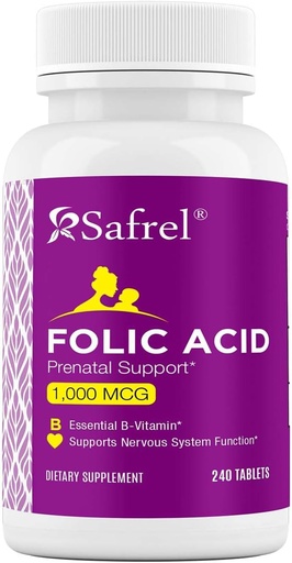 [BRSRM2TRCB4A2G3F] Safrel Folic Acid 1000 mcg (1 mg) - Vitamin B9-240 Tablets, Essential Prenatal and Postnatal Vitamin for Fetal Development, Red Blood Cell Production, Cell and Neural Development | Non-GMO, Vegan